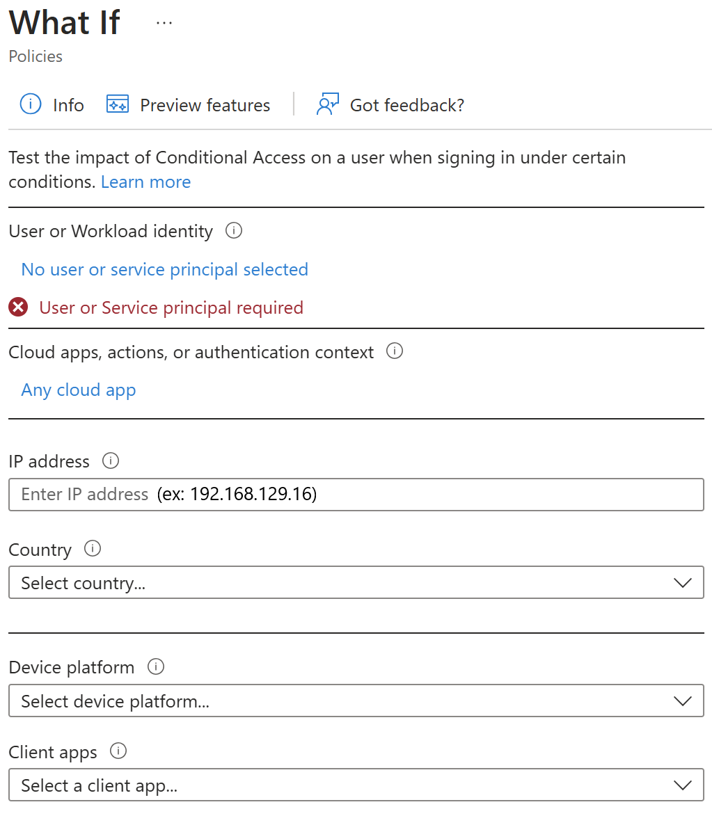 Screenshot of the Conditional Access What If tool results.