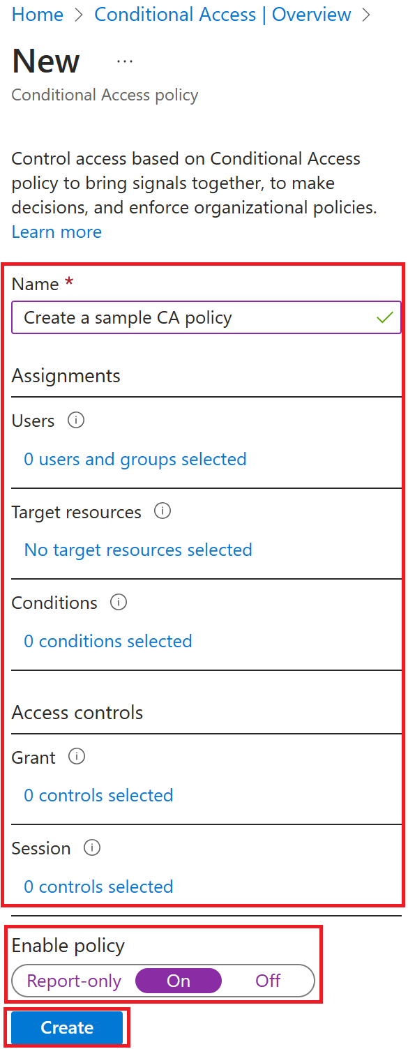 Screenshot of a new conditional access policy with enable and create highlighted.