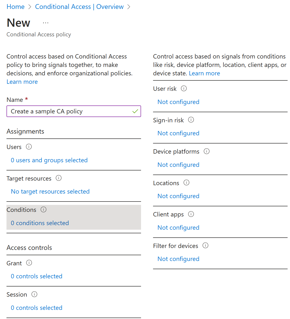 Screenshot of the conditional access dialog with the create policy screen open for configuration.