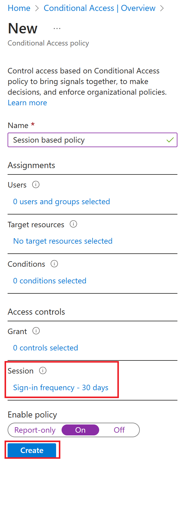 Screenshot of the new conditional access policy with policy settings highlighted.