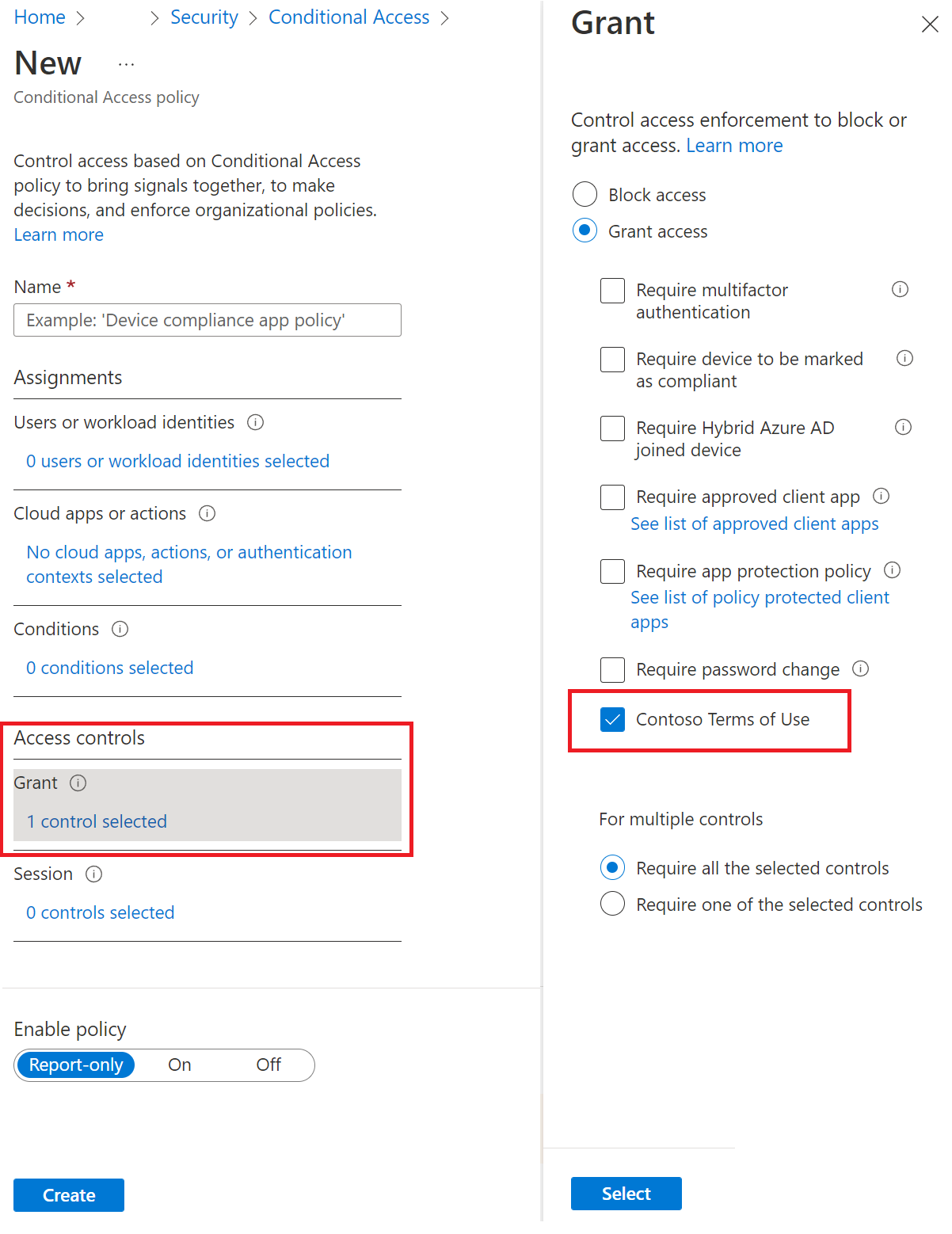 Screenshot of the Azure A D conditional access setup page that shows adding Terms-of-Use rules for being able to access resources.