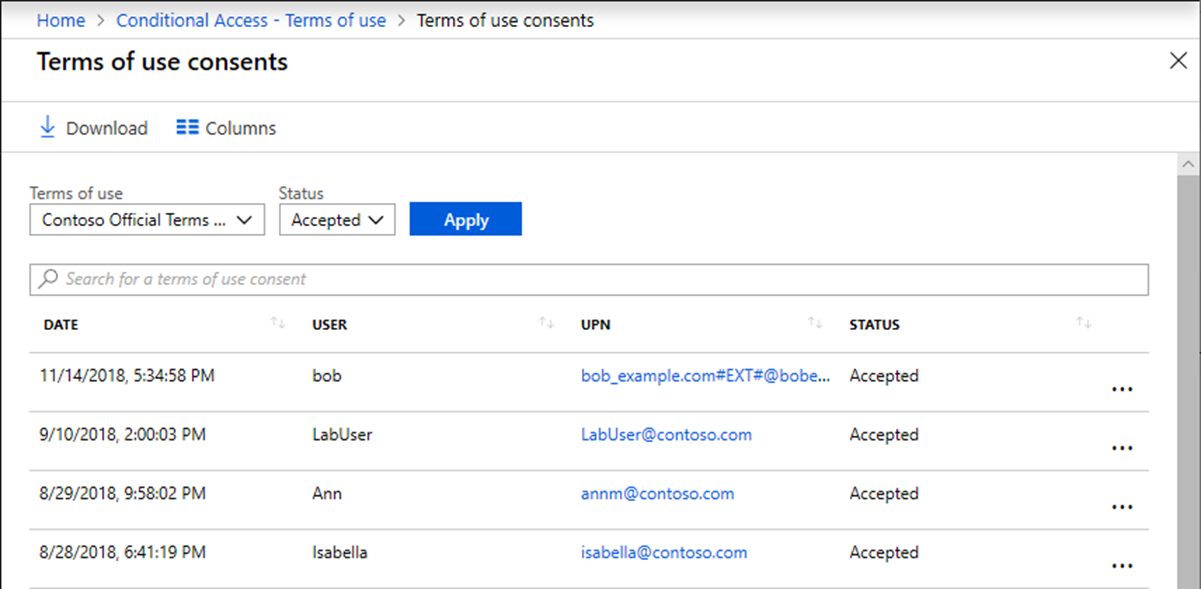 Screenshot of the Terms of use consents pane listing the users that have accepted.