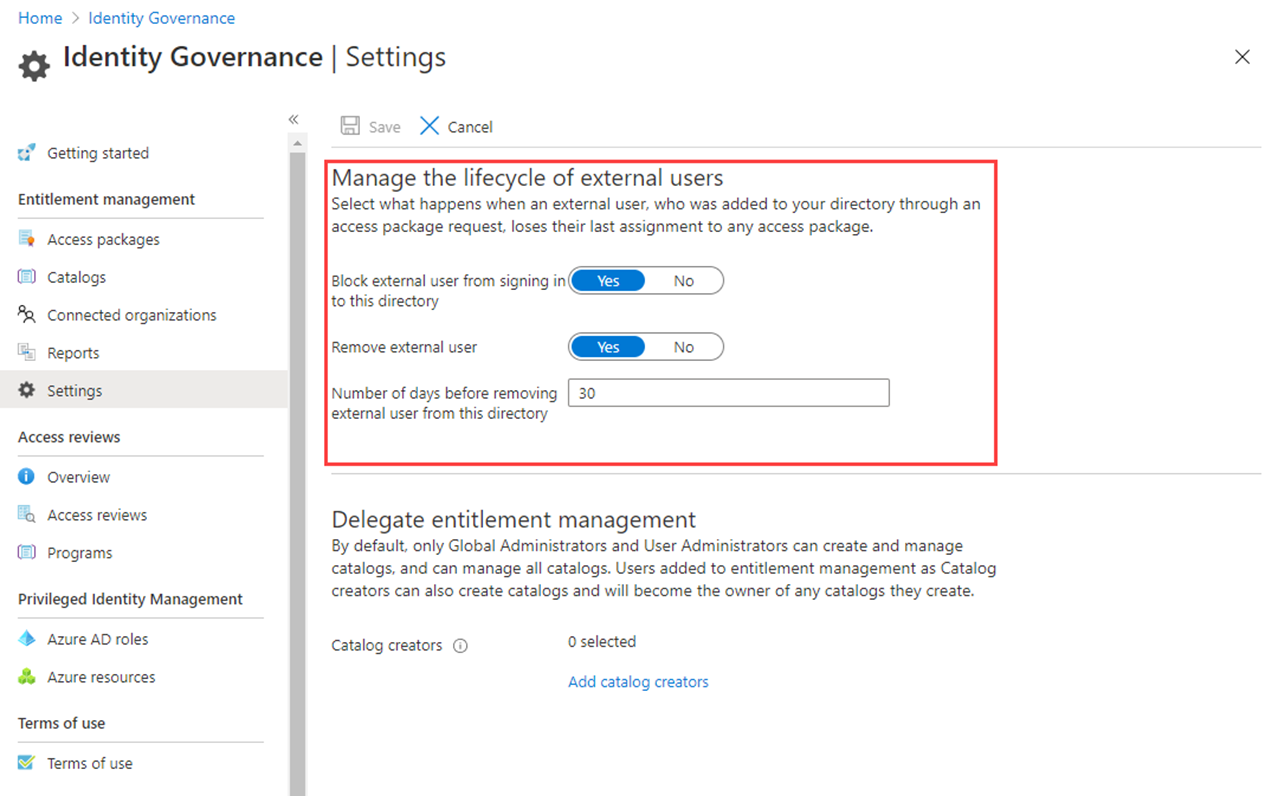 Screenshot of the Identity governance settings page with manage the lifecycle of external users highlighted.