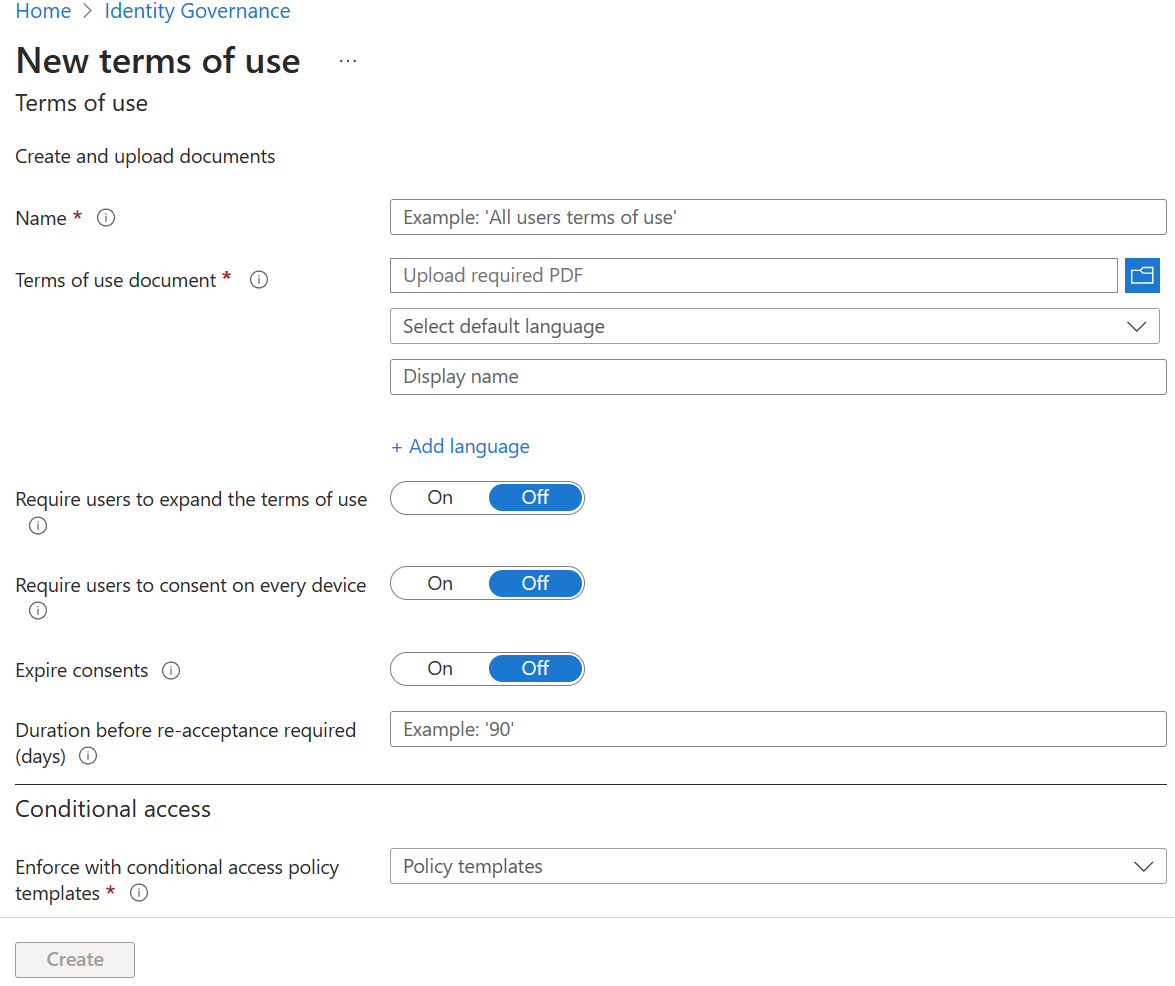 Screenshot of the New terms of use page with configured options highlighted.