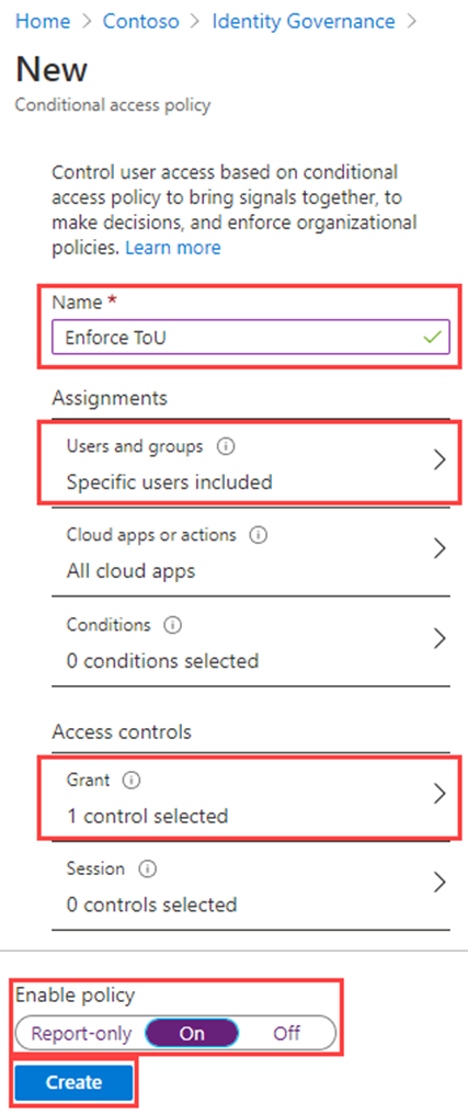 Screenshot of the Conditional Access policy with configuration options highlighted.