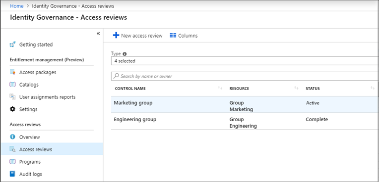Screenshot of the List of access reviews and their status. Review the status of each item.