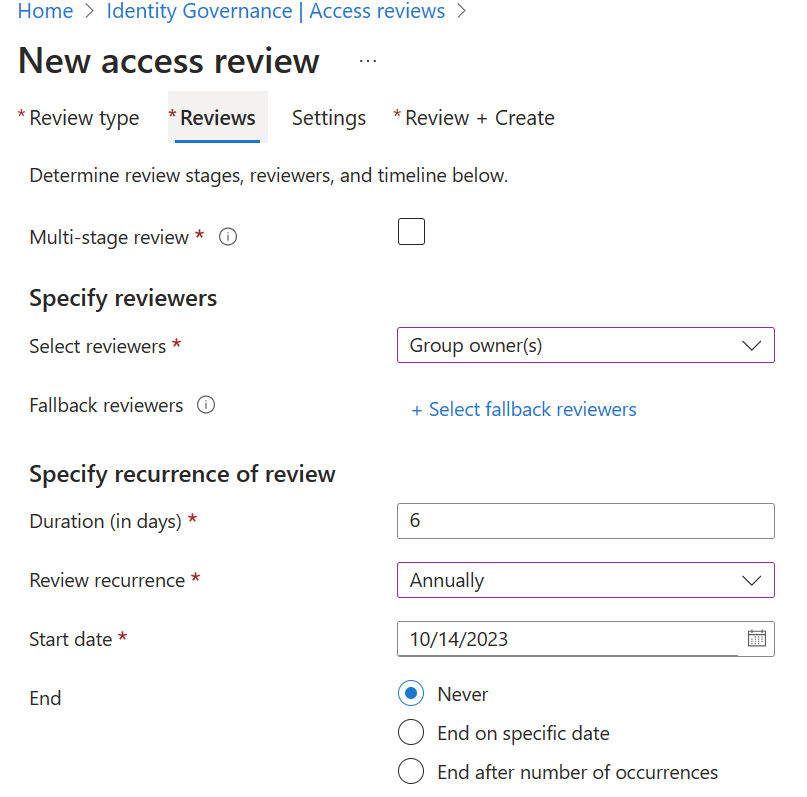 Screenshot of the Choose how often the review should happen. Admins should set a reasonable timeline.