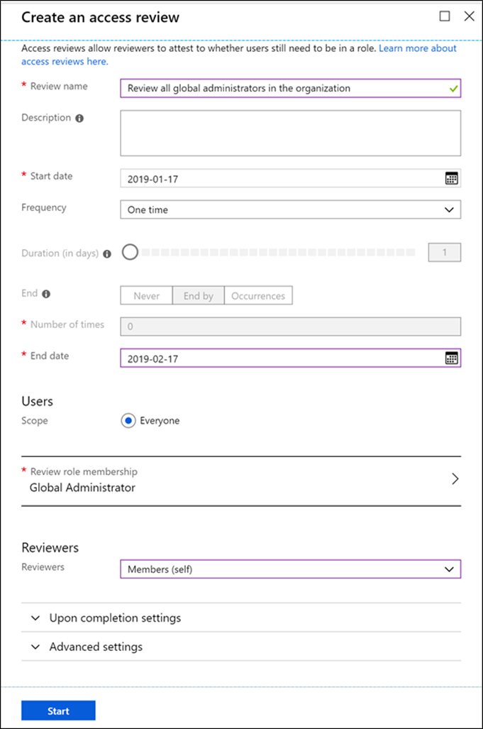 Screenshot of the Create an access review pane for Azure AD roles, within Privileged Identity Manager.