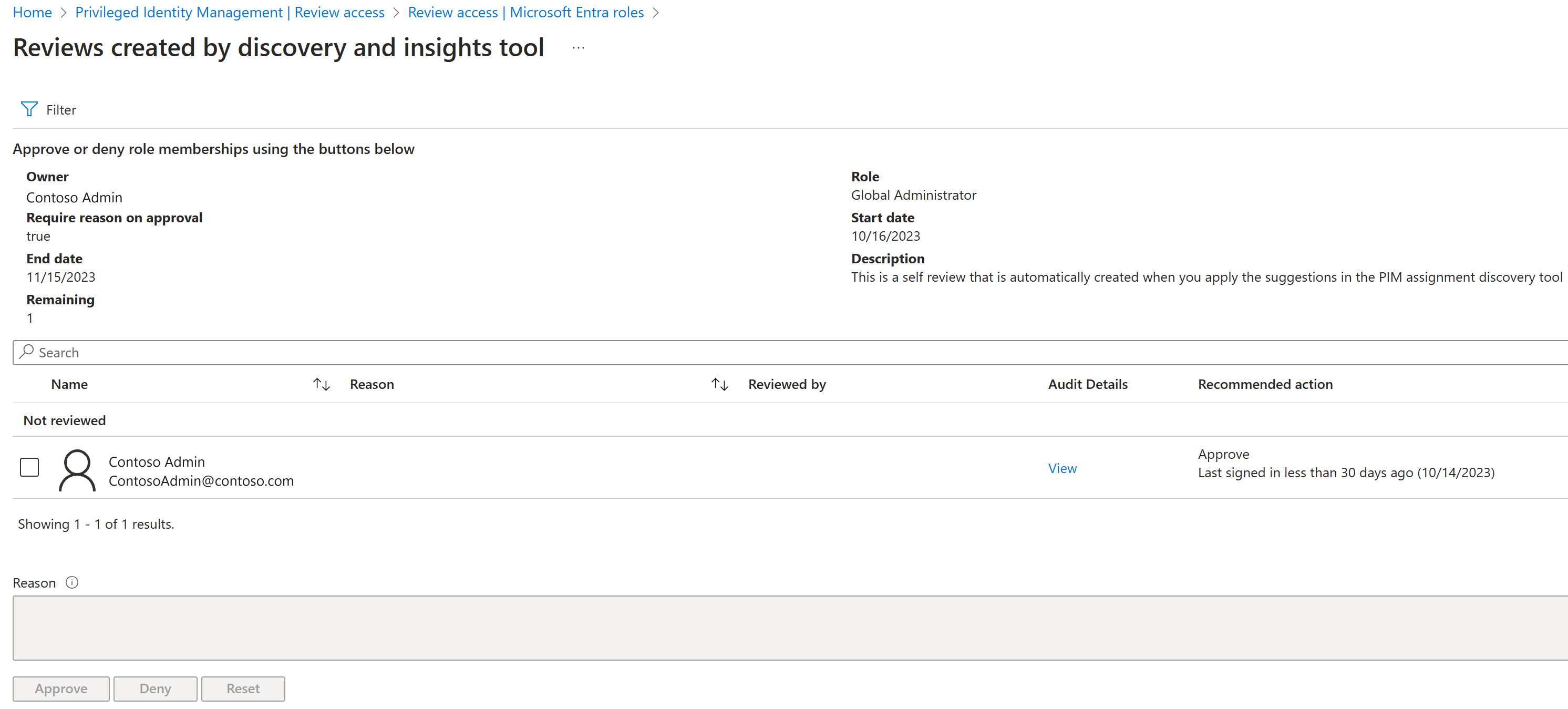 Screenshot of the Create an access review pane for Microsoft Entra roles, within Privileged Identity Manager.