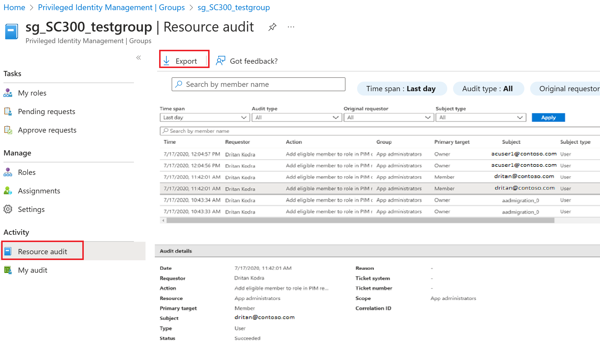 Screenshot of the Resource audit list with the available filters displayed.
