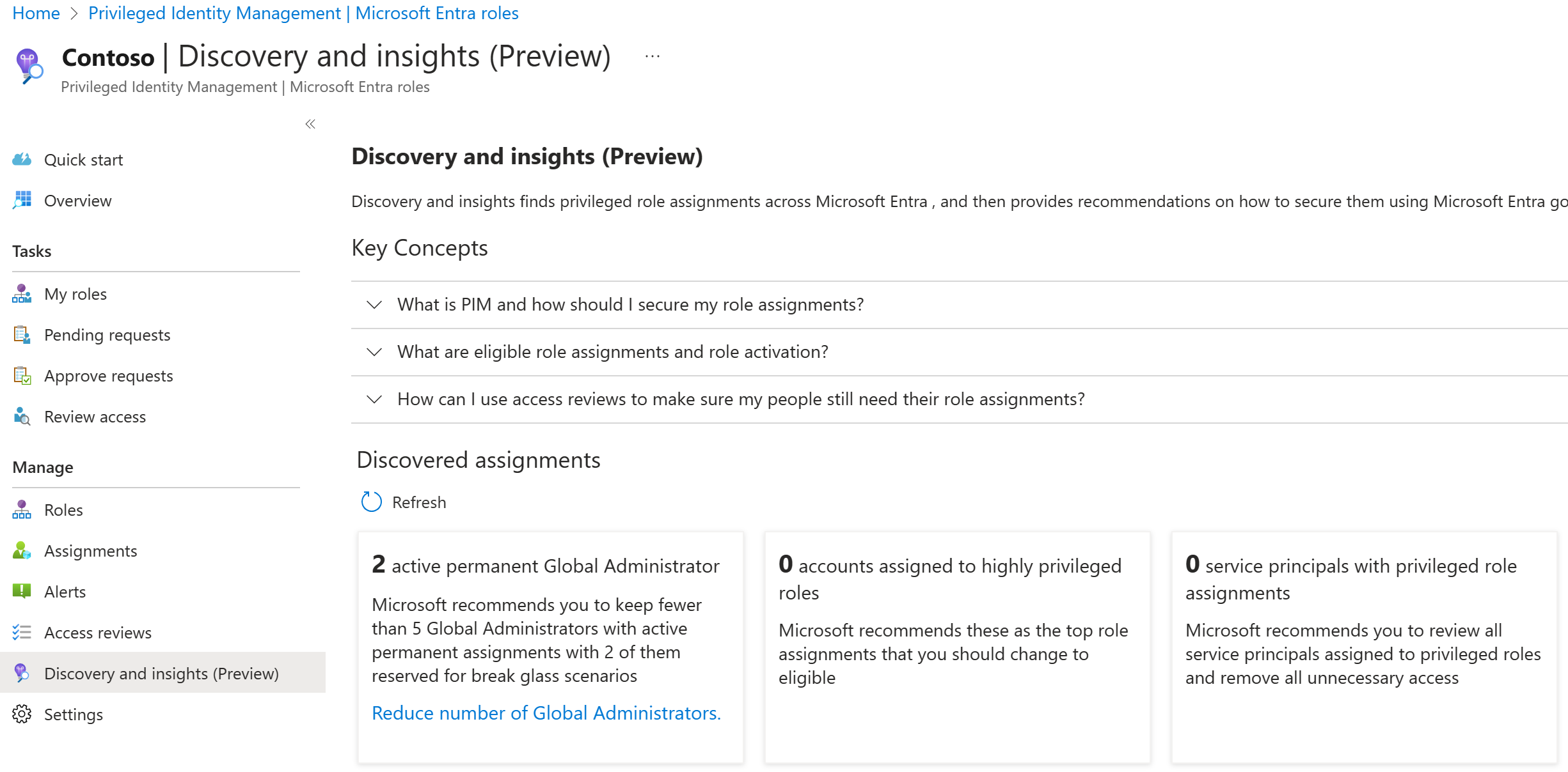 Screenshot of the Discovery and insights page to reduce exposure via privileged roles.