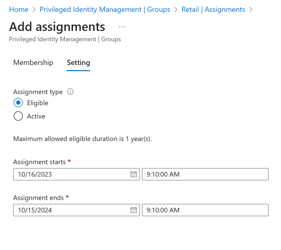 Screenshot of the Privileged Identity Manager with the Groups Assignments page open.
