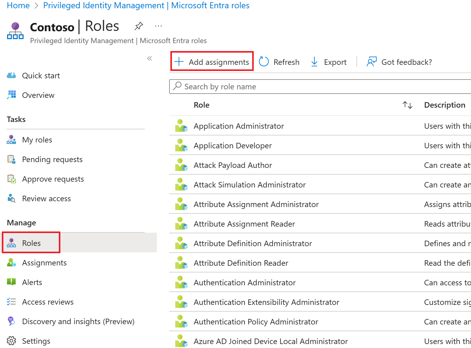 Screenshot of the Azure AD roles with Add assignments menu highlighted.