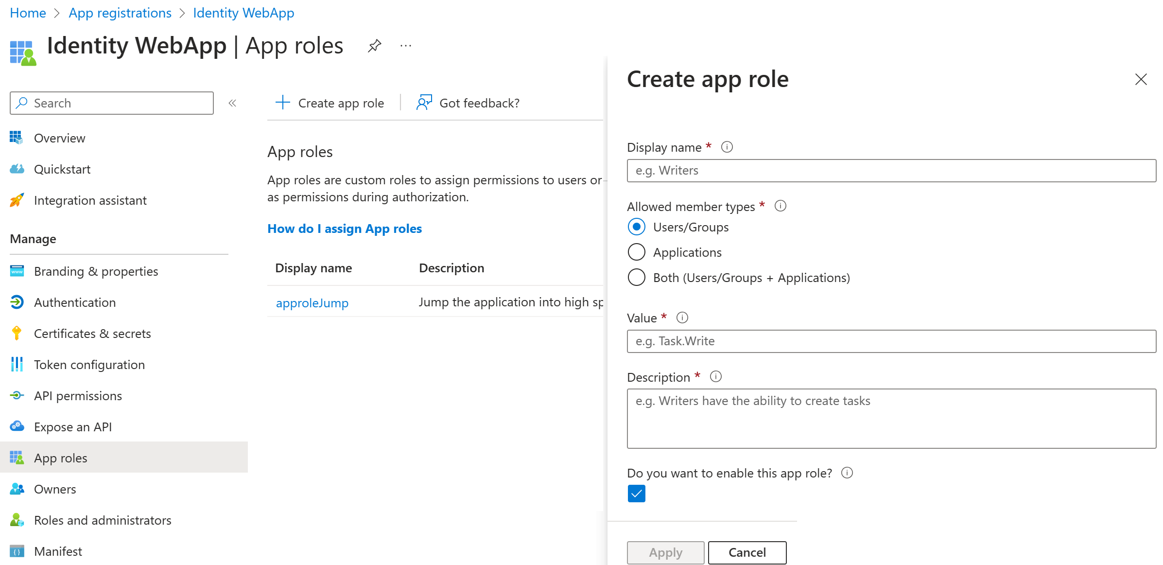 Screenshot of create app roles in app registration of Microsoft Entra ID.