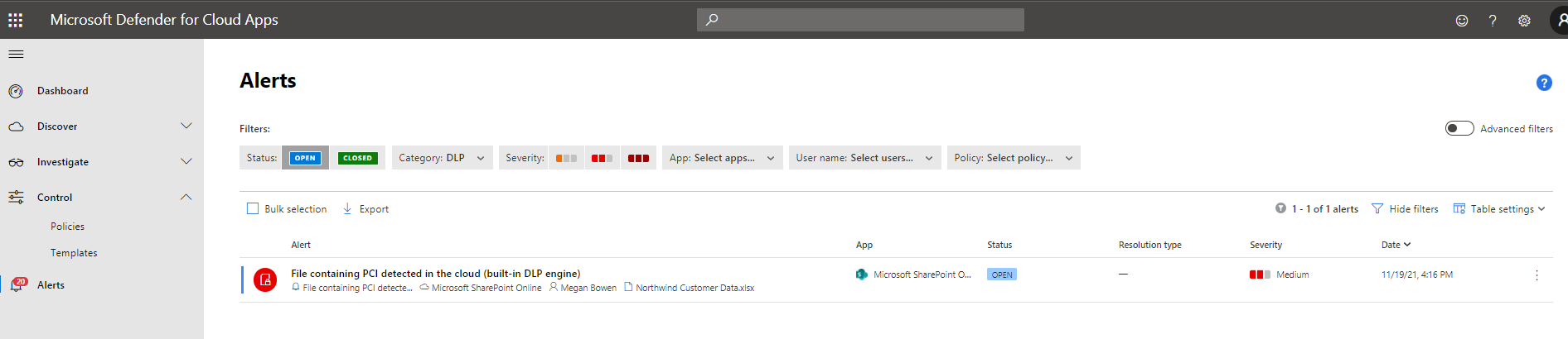 Screen shot of Defender for Cloud Apps Alerts Dashboard