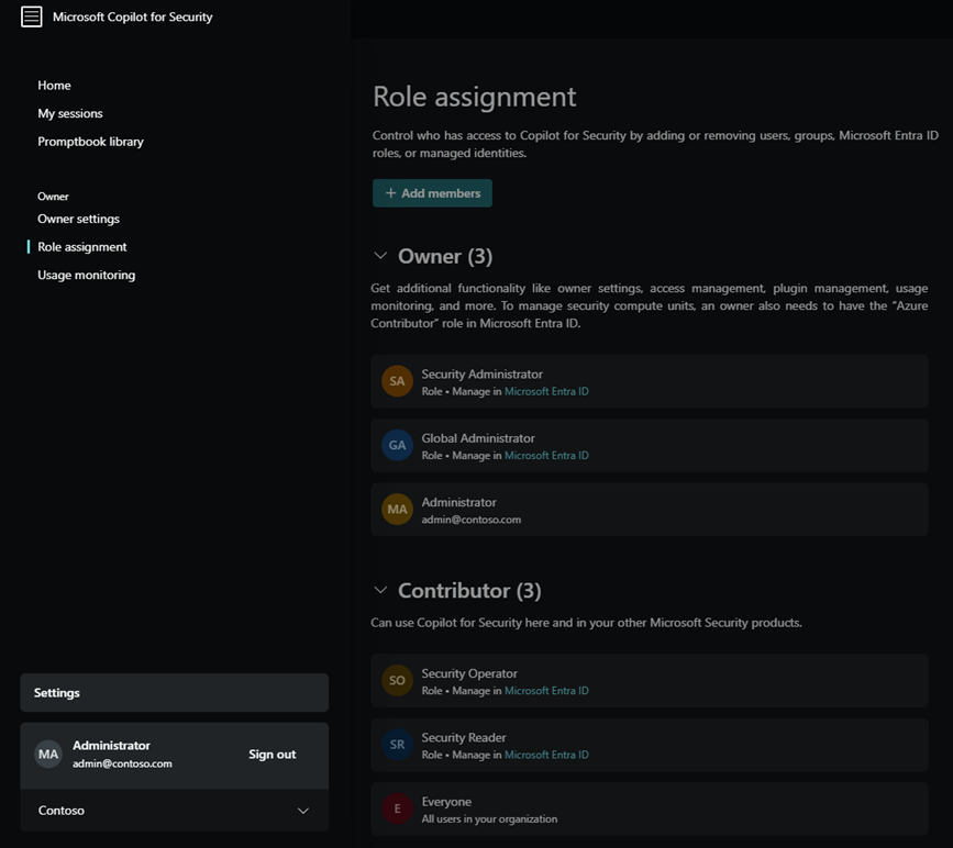 Screen capture showing the role assignment settings.