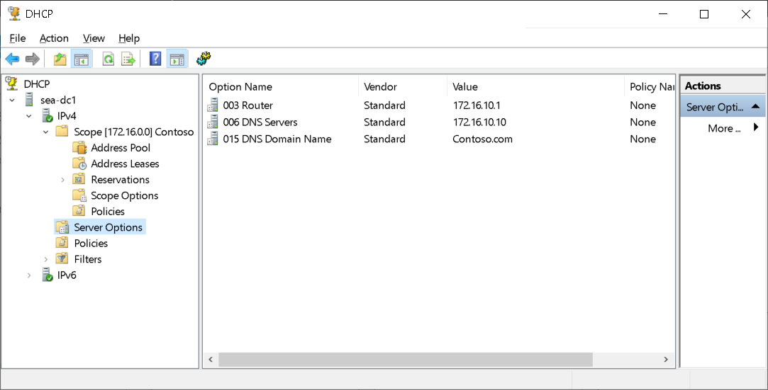 A screenshot of the DHCP console. The administrator has selected the Server Options node in the navigation pane. Three options are displayed: 003, 006, and 015.