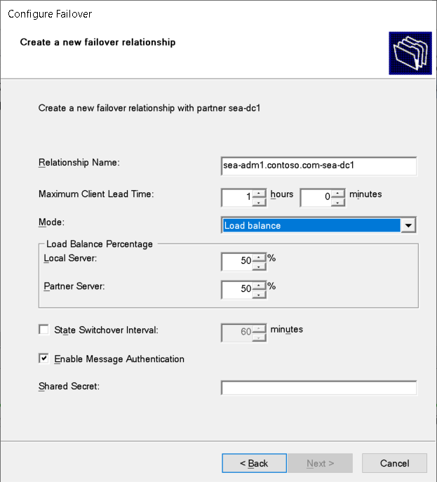 A screenshot of the Create a new failover relationship page in the Configure Failover wizard. The Mode is Load balance.