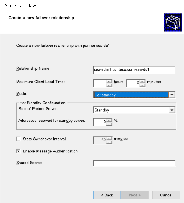 A screenshot of the Create a new failover relationship page in the Configure Failover wizard. The Mode is Hot standby.