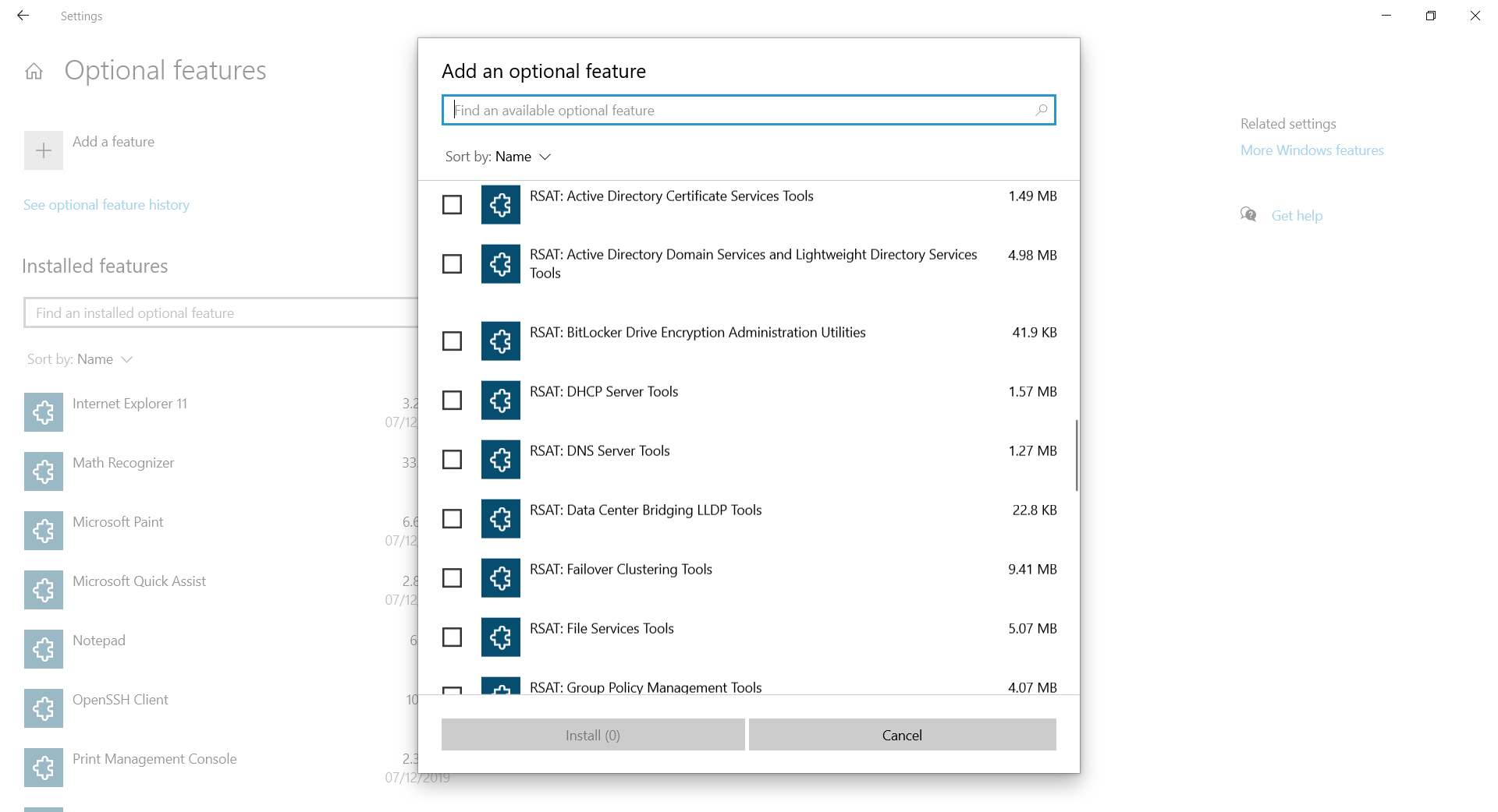 A screenshot of the Add an optional feature dialog box. Displayed are a list of RSAT tools.