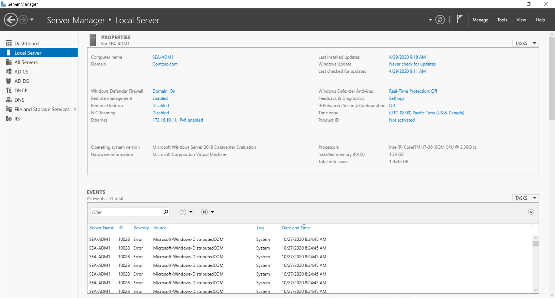 A screenshot of the Server Manager Local Server pane. Displayed are the options discussed in the preceding text.