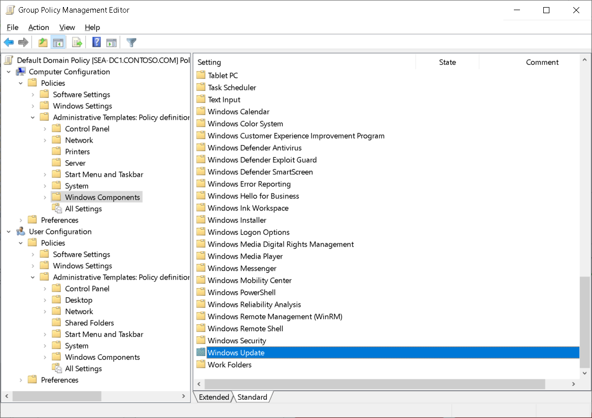 A screenshot of the Group Policy Management Editor. The administrator has expanded the Administrative Templates node for both the Computer Configuration and User Configuration nodes.