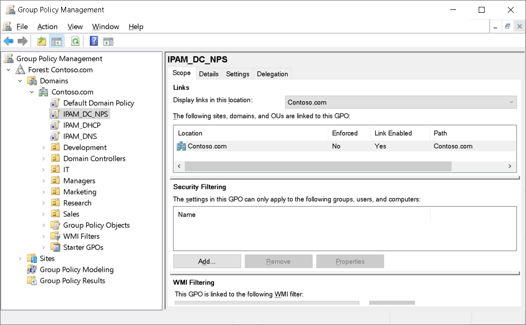 A screenshot of the Group Policy Management console. In addition to the Default Domain GPO, three other GPOs are displayed, as described in the preceding table.