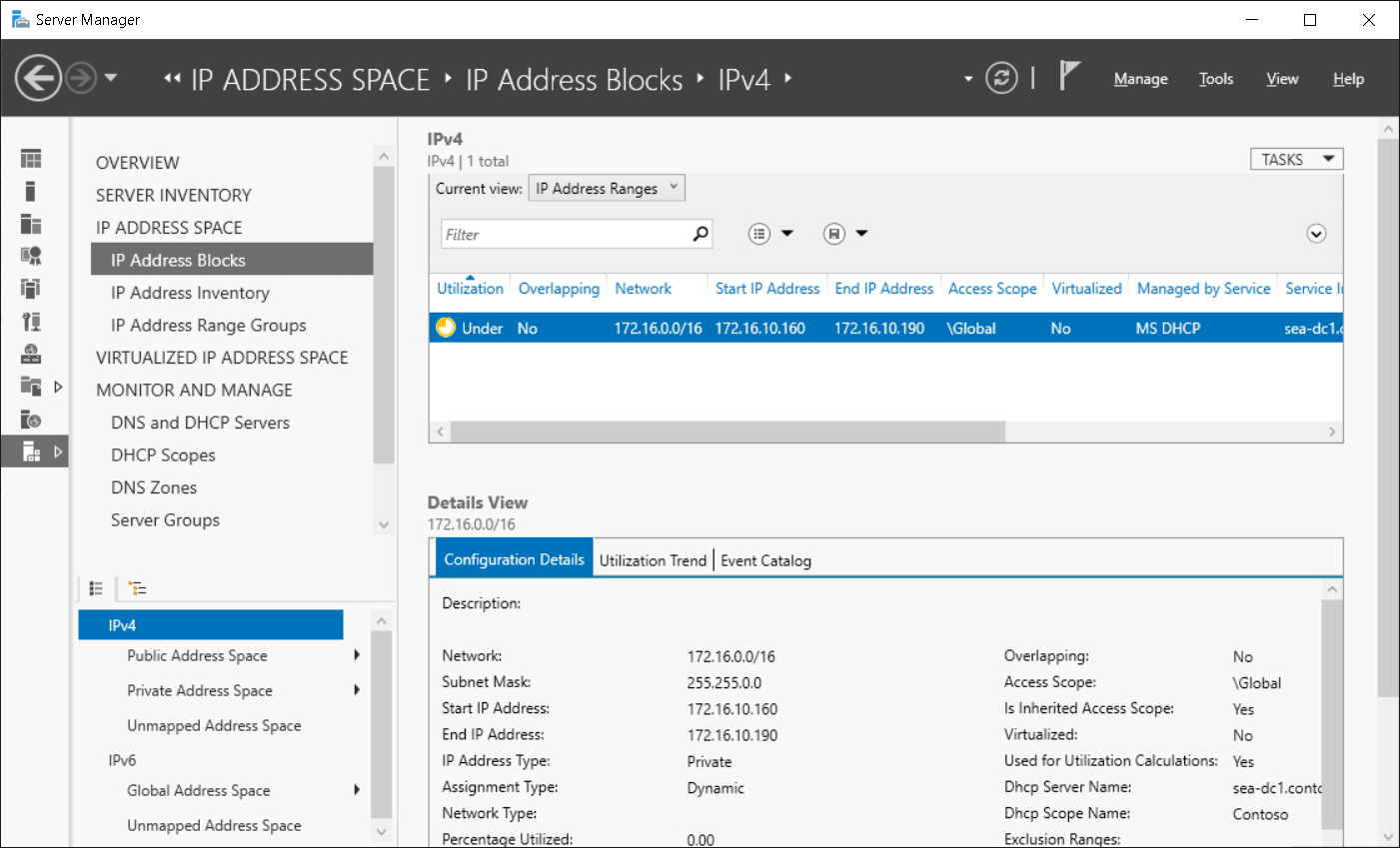 A screenshot of the IPAM IP address space pane in Server Manager. The administrator has selected the IP Address Blocks tab for IPv4. In the details pane, the network 172.16.0.0/16 subnet is selected.