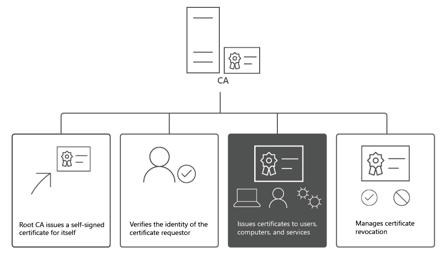 Several stages of CA lifecycle, focusing on the certificate issuance.