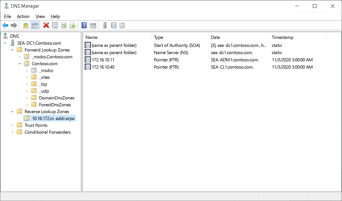 A screenshot of the 10.16.172.in-addr.arpa zone in DNS. Displayed are several PTR resource records. Also displayed is a forward lookup zone for Contoso.com.