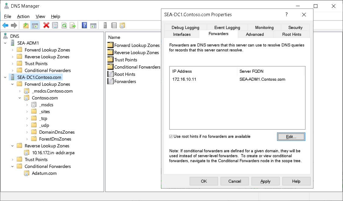 A screenshot of the SEA-DC1.Contoso.com Properties dialog. The administrator has selected the Forwarders tab. One forwarder is listed. Displayed behind this dialog box, the DNS Manager console. Displayed is the Conditional Forwarders node, with one domain record for Adatum.com.