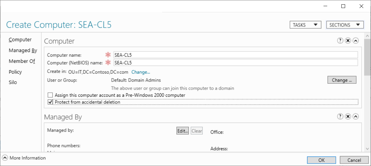 A screenshot of the Create Computer: SEA-CL5 dialog box in Active Directory Administrative Center.