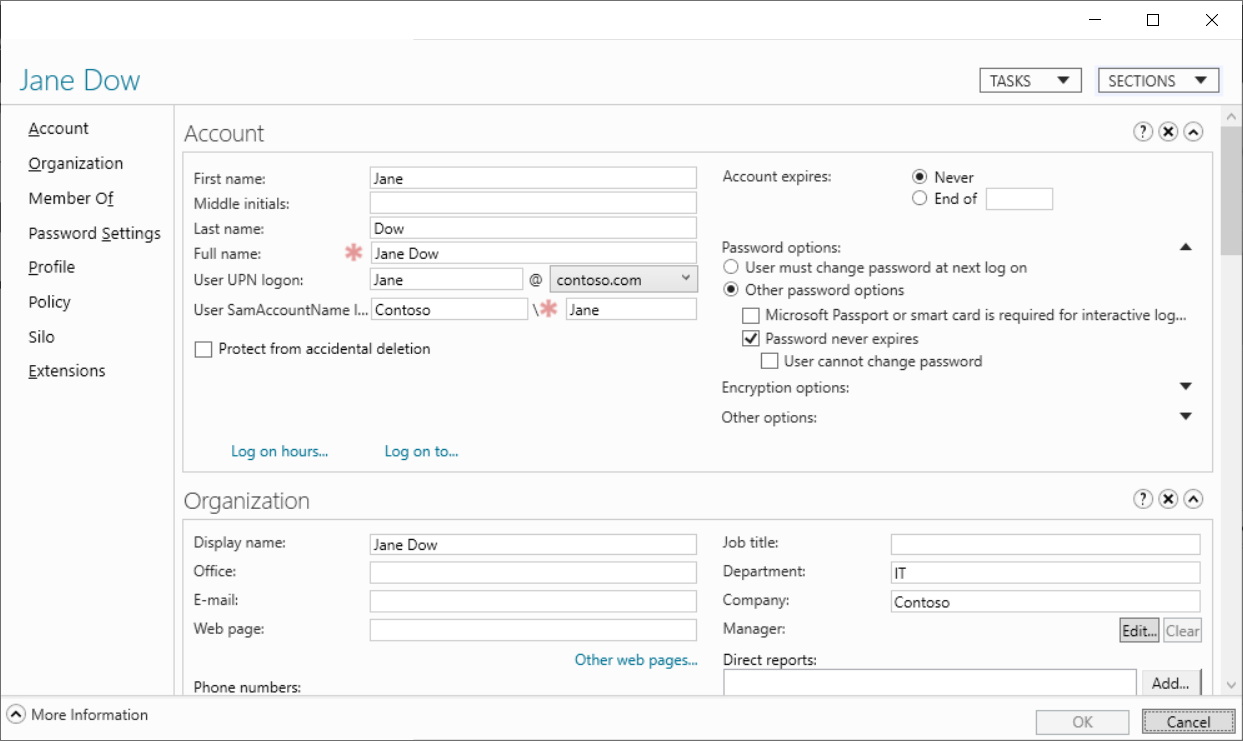 A screenshot of the Jane Dow user account in Active Directory Administrative Center.