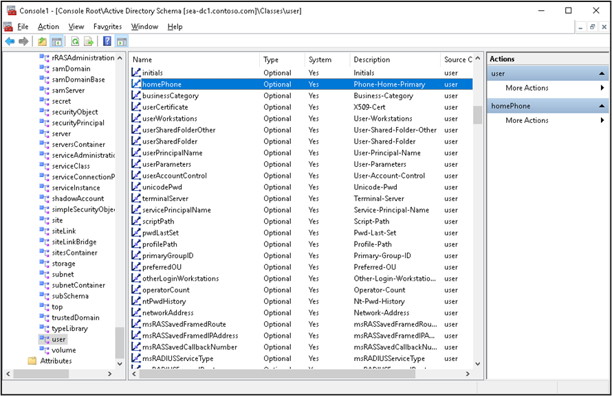 A screenshot of an Active Directory Schema console displays a list of user class attributes.