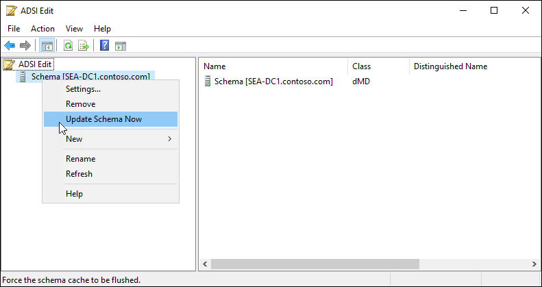 Context menu for the schema container in the navigation pane of the ADSI Edit console. The Update Schema Now option is selected.