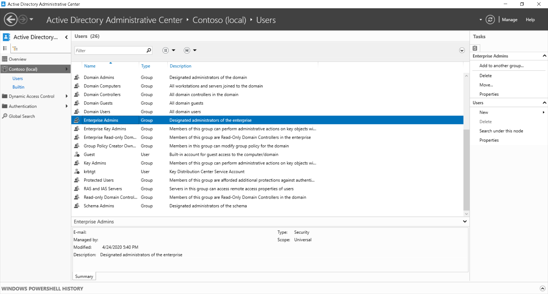 A screenshot of the Active Directory Administrative Center. The administrator has selected the Enterprise Admins group in Contoso (local)\Users. Also displayed are other groups in the Users folder.