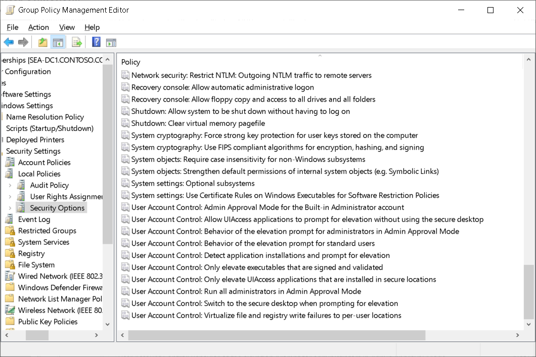 A screenshot of the Security Options node in Group Policy Management Editor. The User Account Control values are displayed.