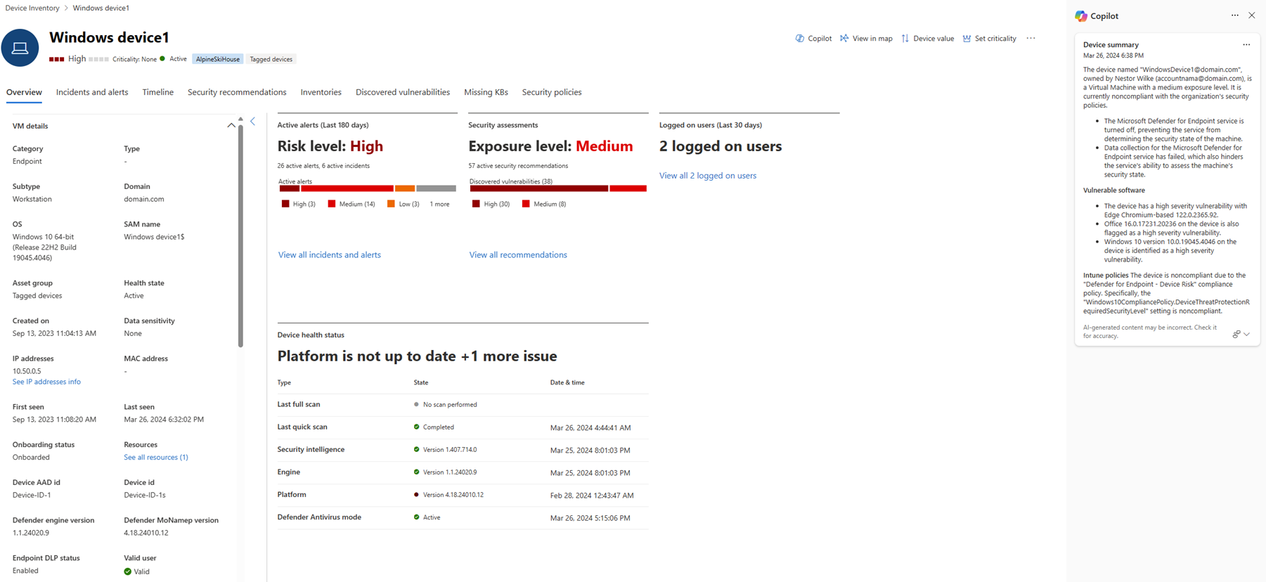 Screenshot of device summary in Copilot showing security status and configuration details.