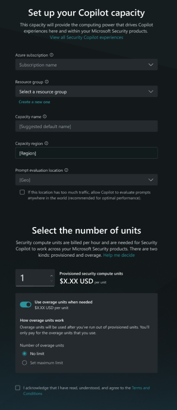 Screenshot of capacity setup screen showing SCU configuration and Azure subscription settings.