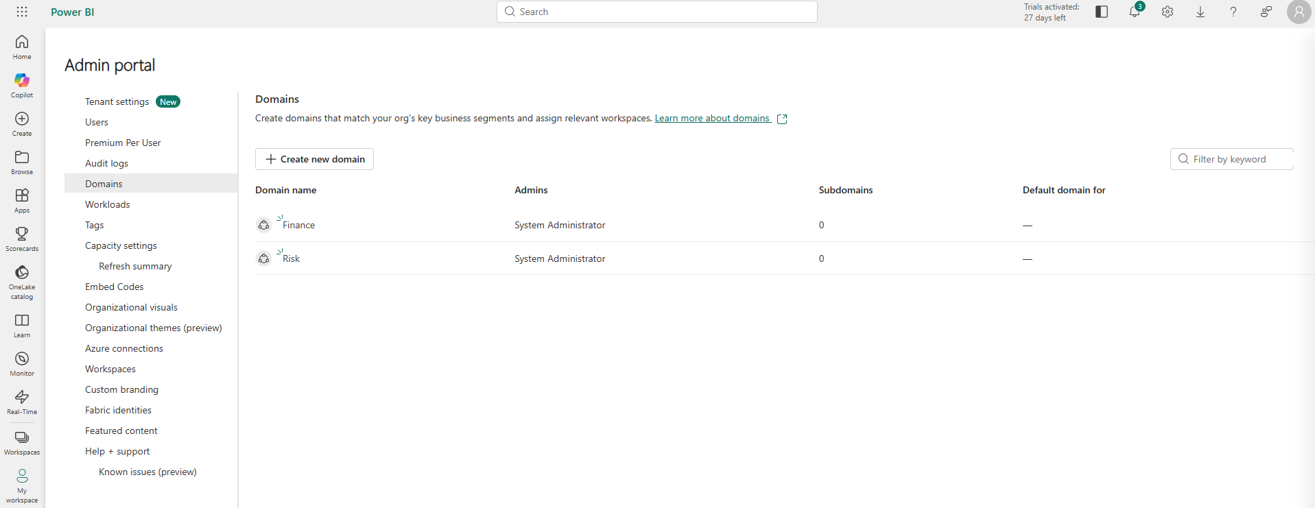 Screenshot of the Domains section in the Fabric admin portal showing two domains listed: Finance and Risk, each with System Administrator as the admin and zero subdomains.