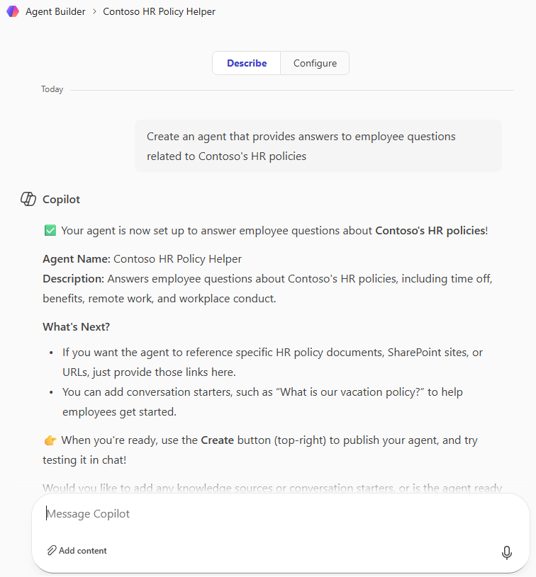 Screenshot of Describe tab on the Agent Builder form for the Contoso HR Policy Helper agent.