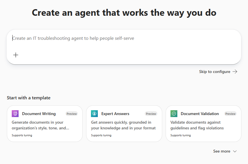 Screenshot of New Agent page, where you can enter a description, skip to the Configure tab, or select a template.