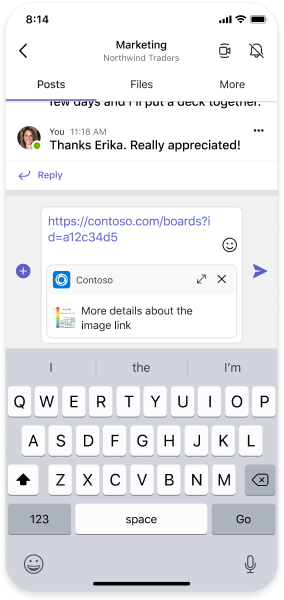 Screenshot of Microsoft Teams. There is a URL in the Compose message area, with a thumbnail card displaying an image and the following text: More details about the image link.
