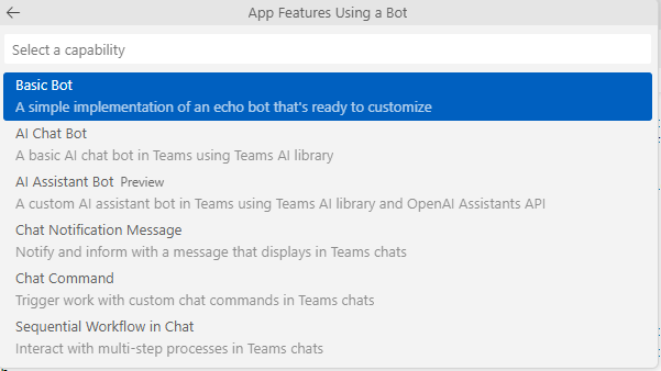 Screenshot of the options for building bots using Teams Toolkit for Visual Studio Code.