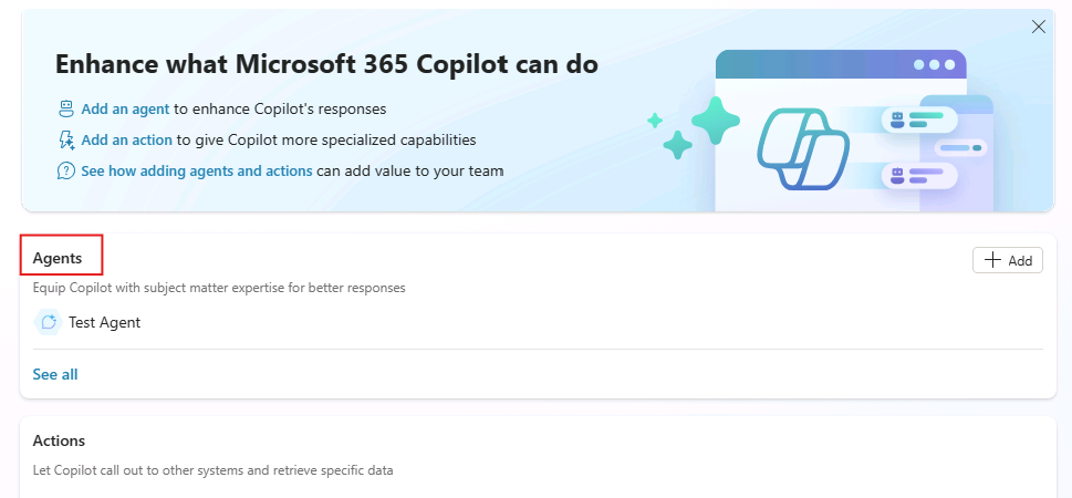 Screenshot of the Microsoft 365 Copilot agent overview page in Copilot Studio.