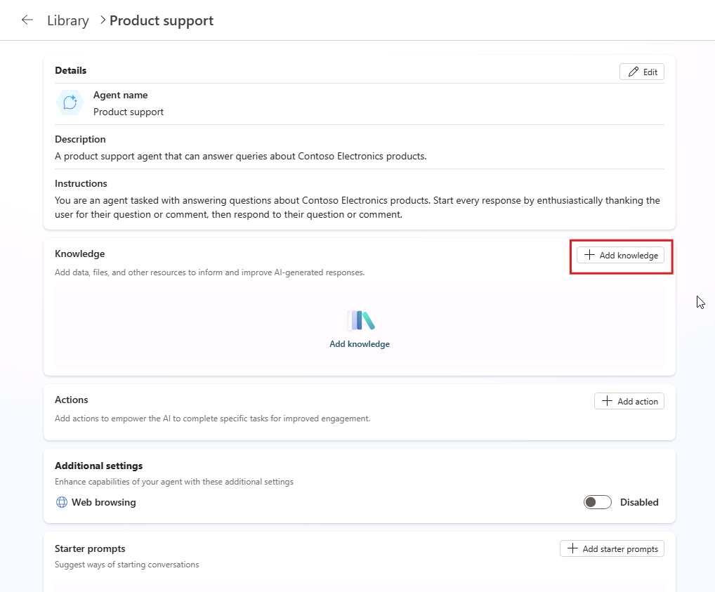 Screenshot of the Add knowledge button for an agent in Copilot Studio.
