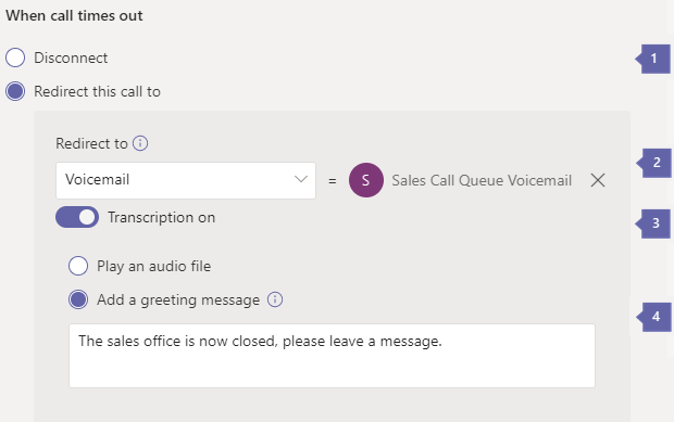 Screenshot showing the options for routing calls to voicemail.
