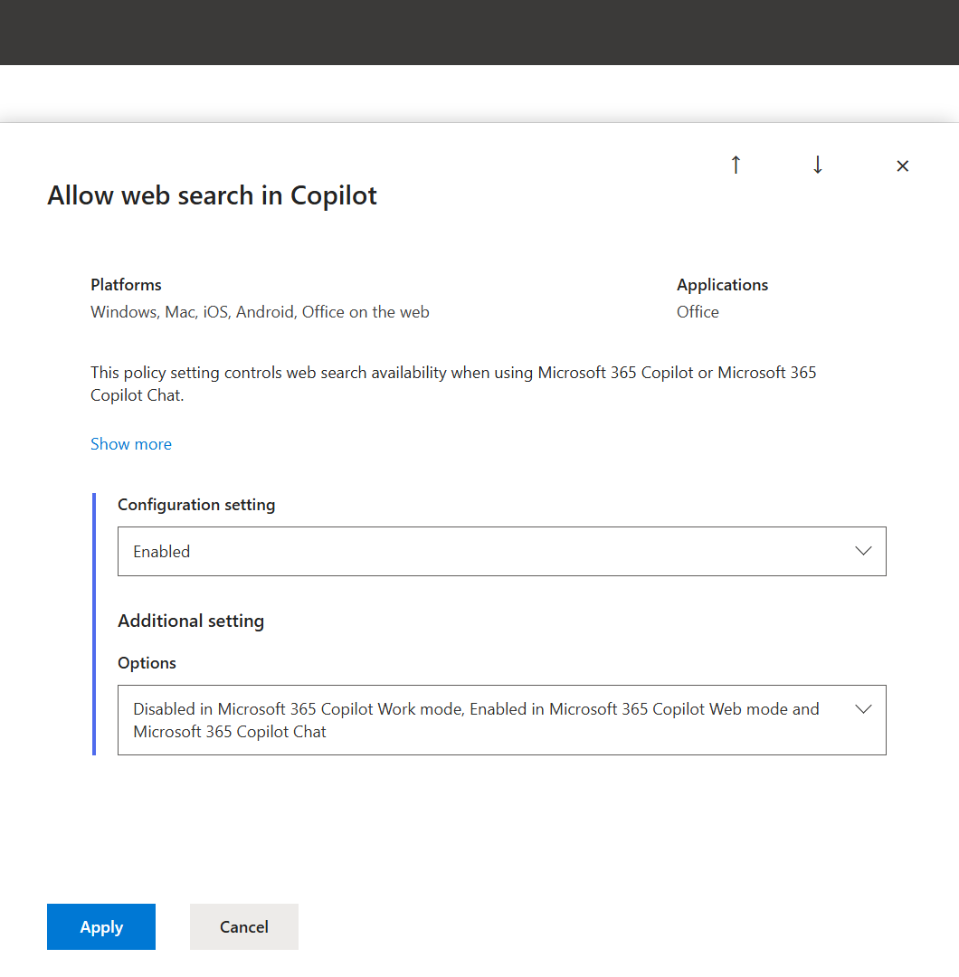 Screenshot of Allow web search in Copilot enabled for Work and Web modes.