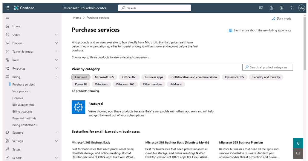 Screenshot showing the Purchase services page in the Microsoft 365 admin center.