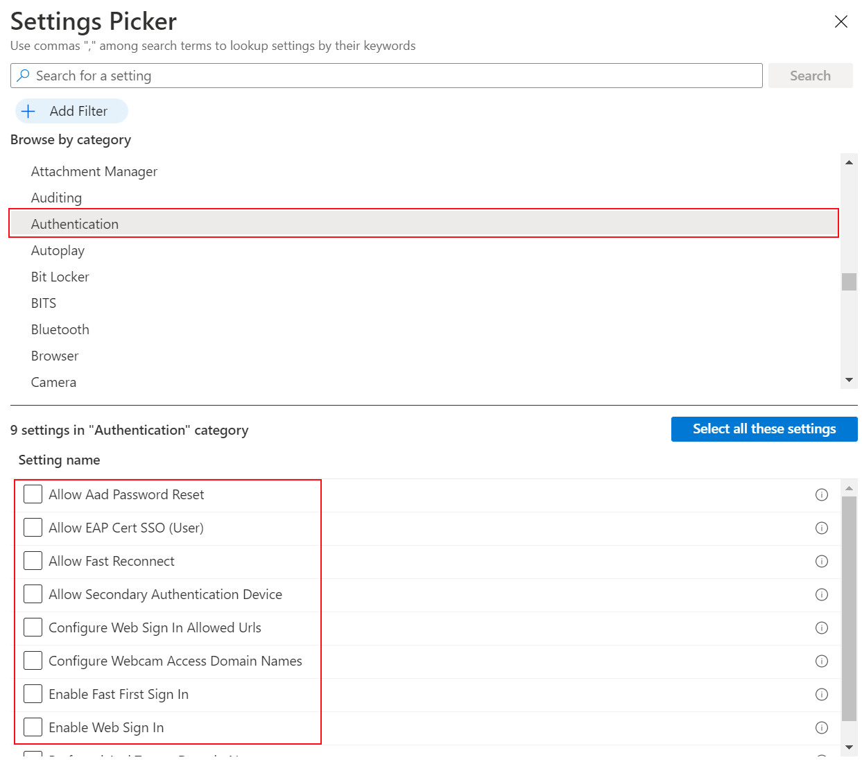Screenshot of Intune Settings catalog showing browsable categories and searchable settings picker.